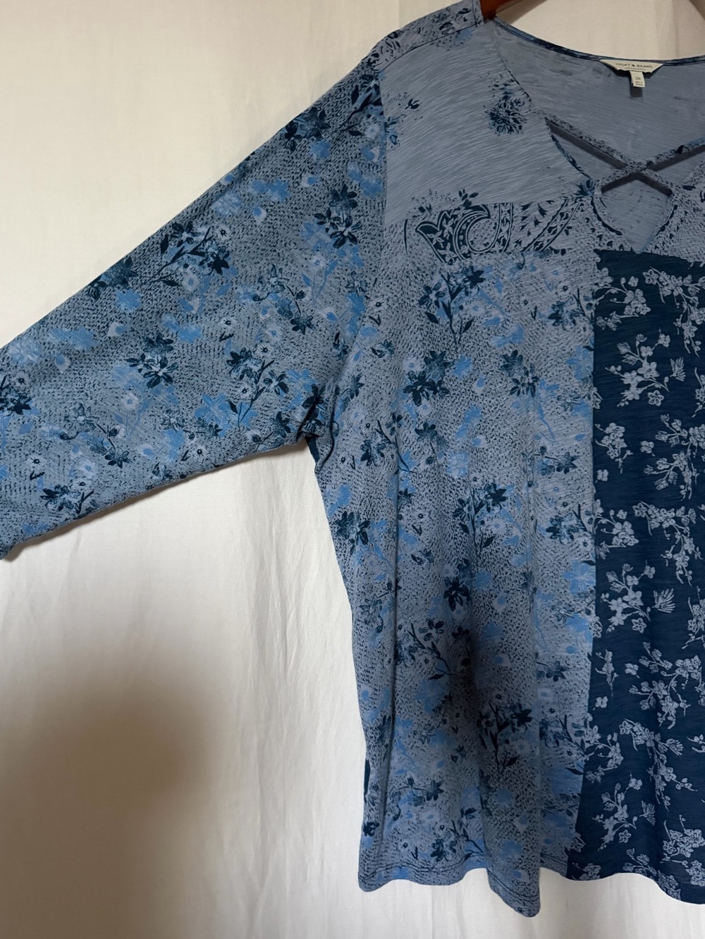 Lucky Brand The Madeline Floral Print Tee Top color-blocked Blue 3/4 Sleeves- 3X - Picture 5 of 8